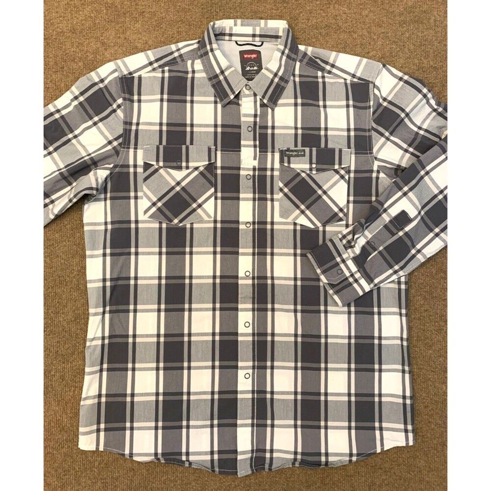 Wrangler Shirt Mens L Performance Plaid Outdoor Utility Button Up Long Sleeve